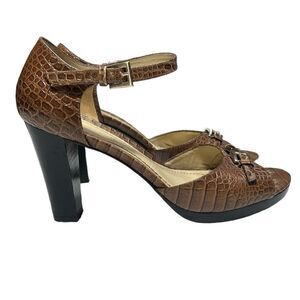Ann Taylor Leather Brown Heels Open Toe Snakeskin Pattern Ankle Strap Block Heel